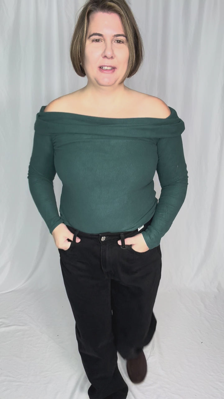 Cleo Off Shoulder Long Sleeve Bodysuit- GREEN