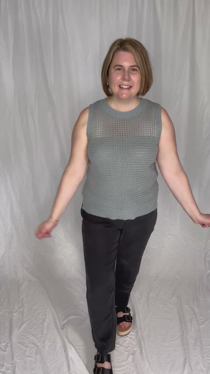 Maria Fish Net Chest Sleeveless Crew Neck Sweater- DUSTY BLUE-FINAL SALE