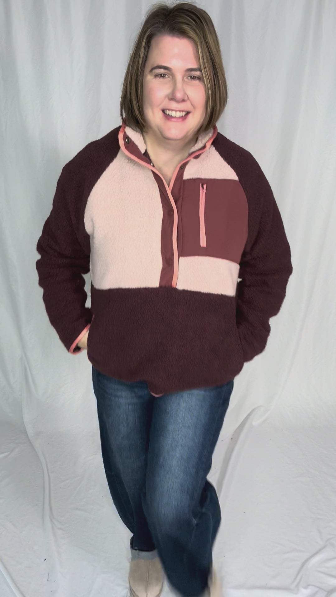 Tara Quarter Snap Sherpa Pullover- BITTER CHOCOLATE