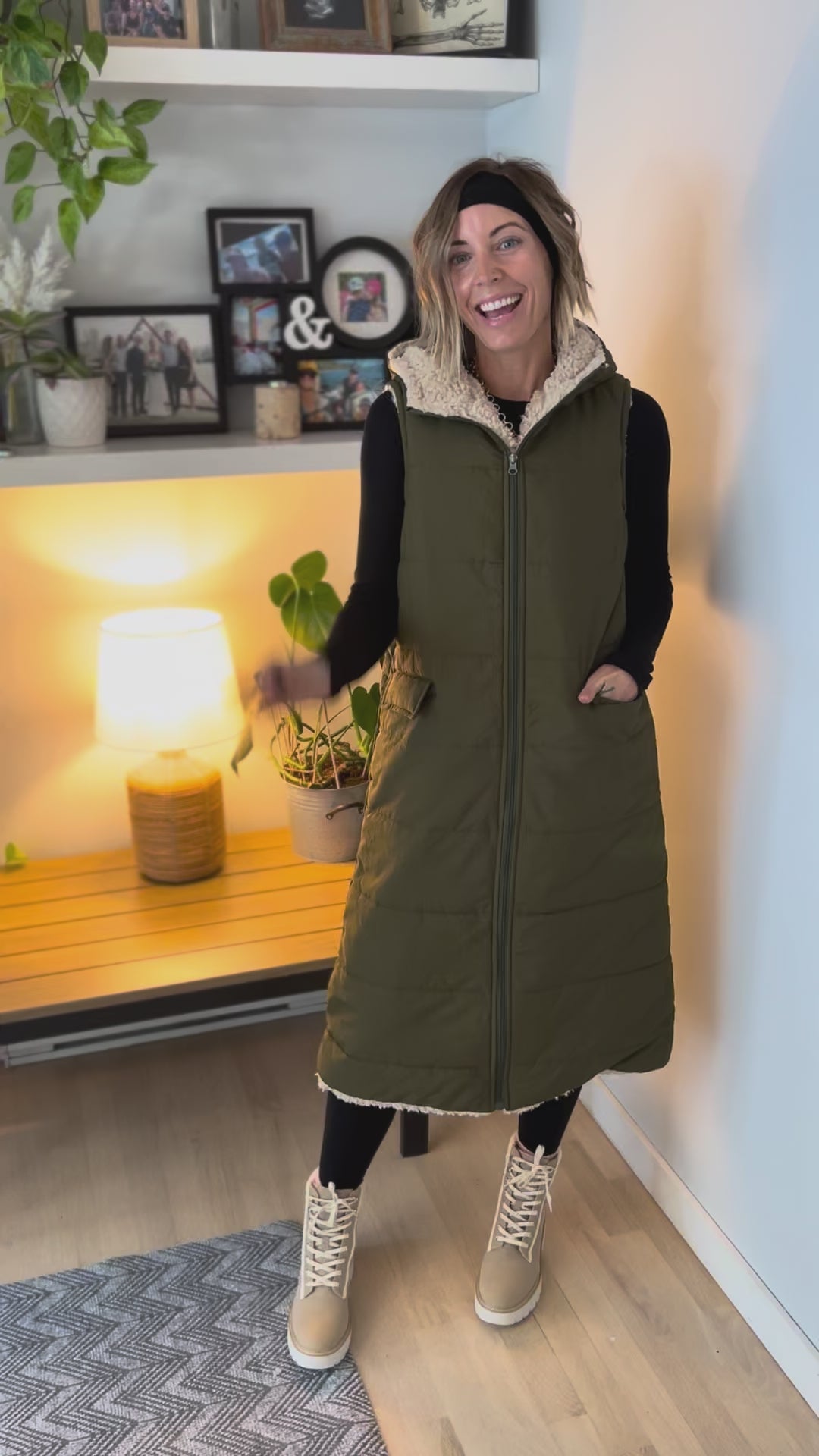 Blake Reversible Sherpa Puffer Vest- OLIVE