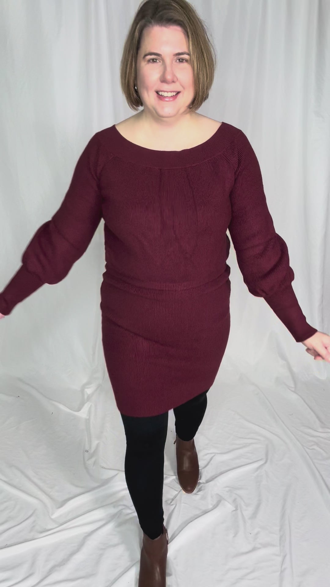Aspen Air Ribbed Knit Sweater Dress- MAROON