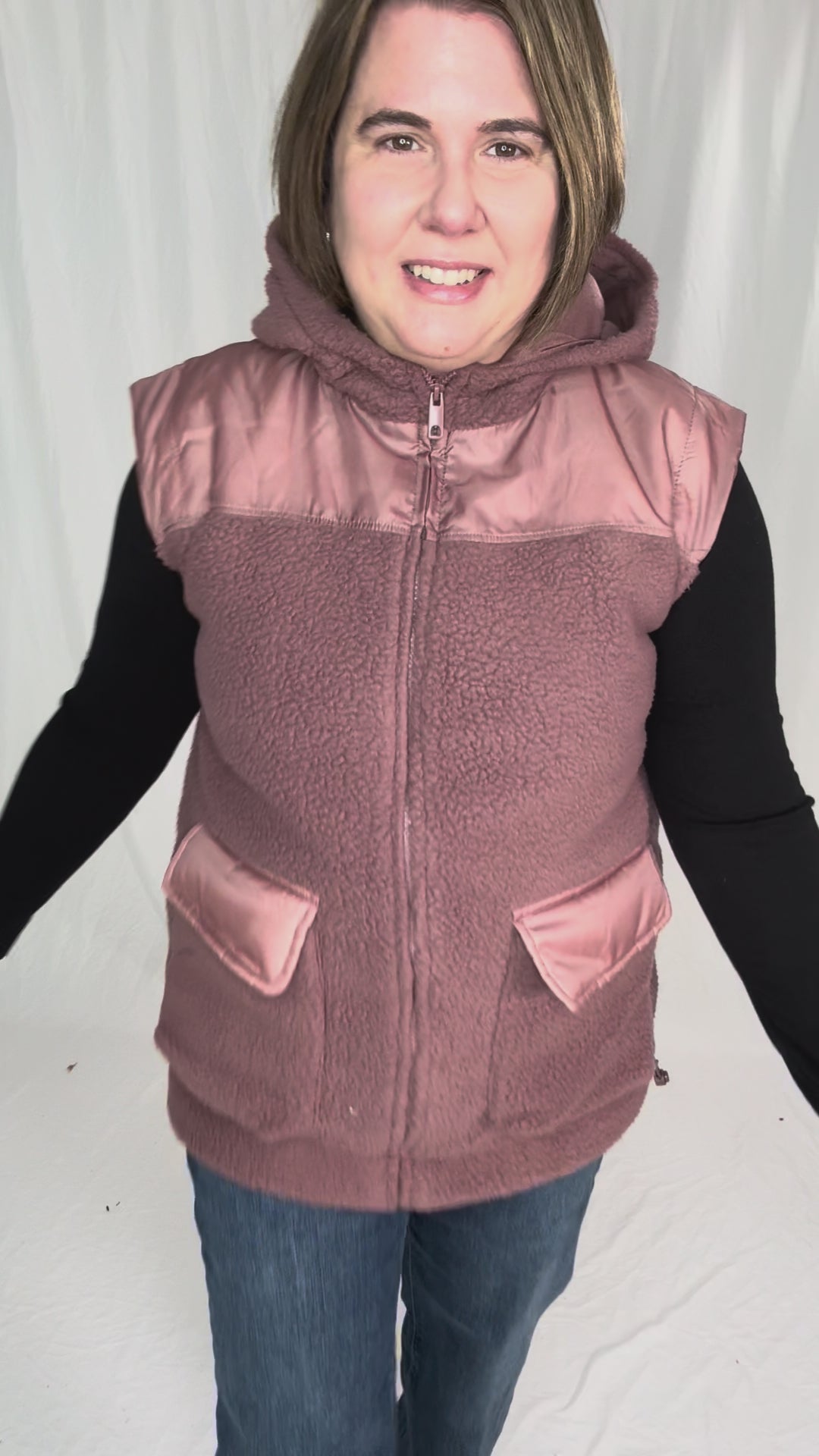 MONO B Peak Fleece Zip Up Hooded Vest- ROSE TAUPE