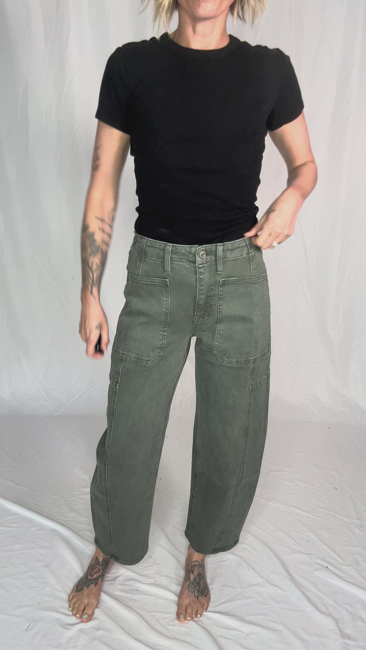 FLYING MONKEY Cypress Super High Rise Barrel Jeans- DEEP FOREST