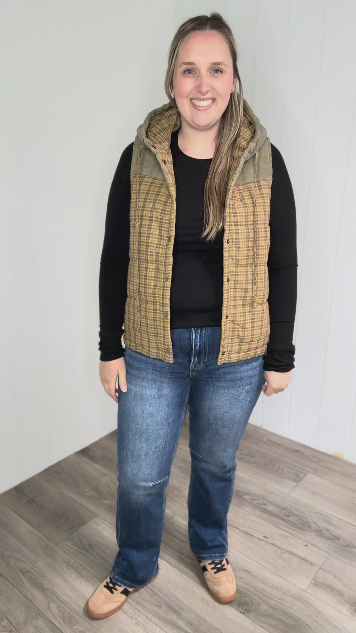 Dovie Quilted Cotton Hooded Vest- MUSTARD PLAID