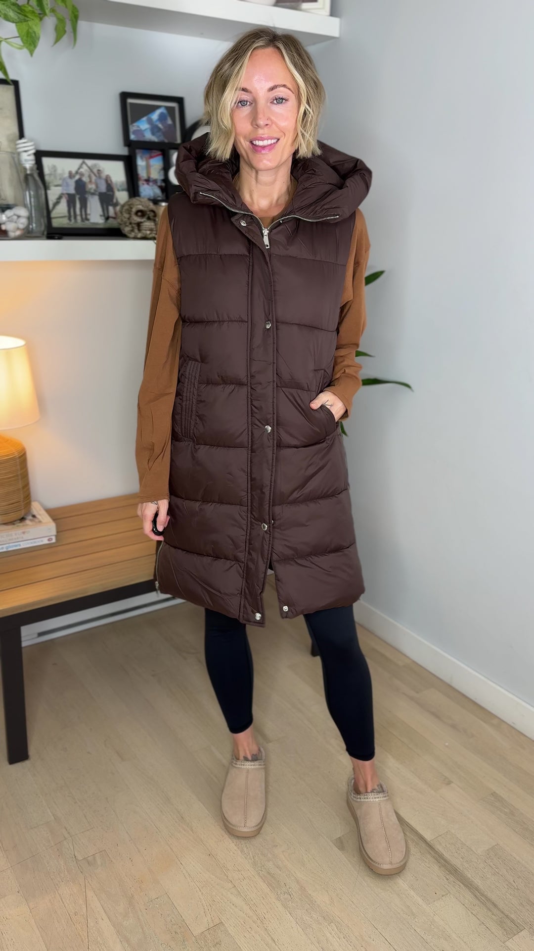Mono B Harbour Lights Hooded Longline Puffer Vest- COFFEE BEAN
