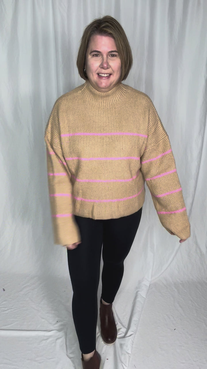 Juliet Mock Neck Ribbed Knit Sweater- TAUPE/PINK
