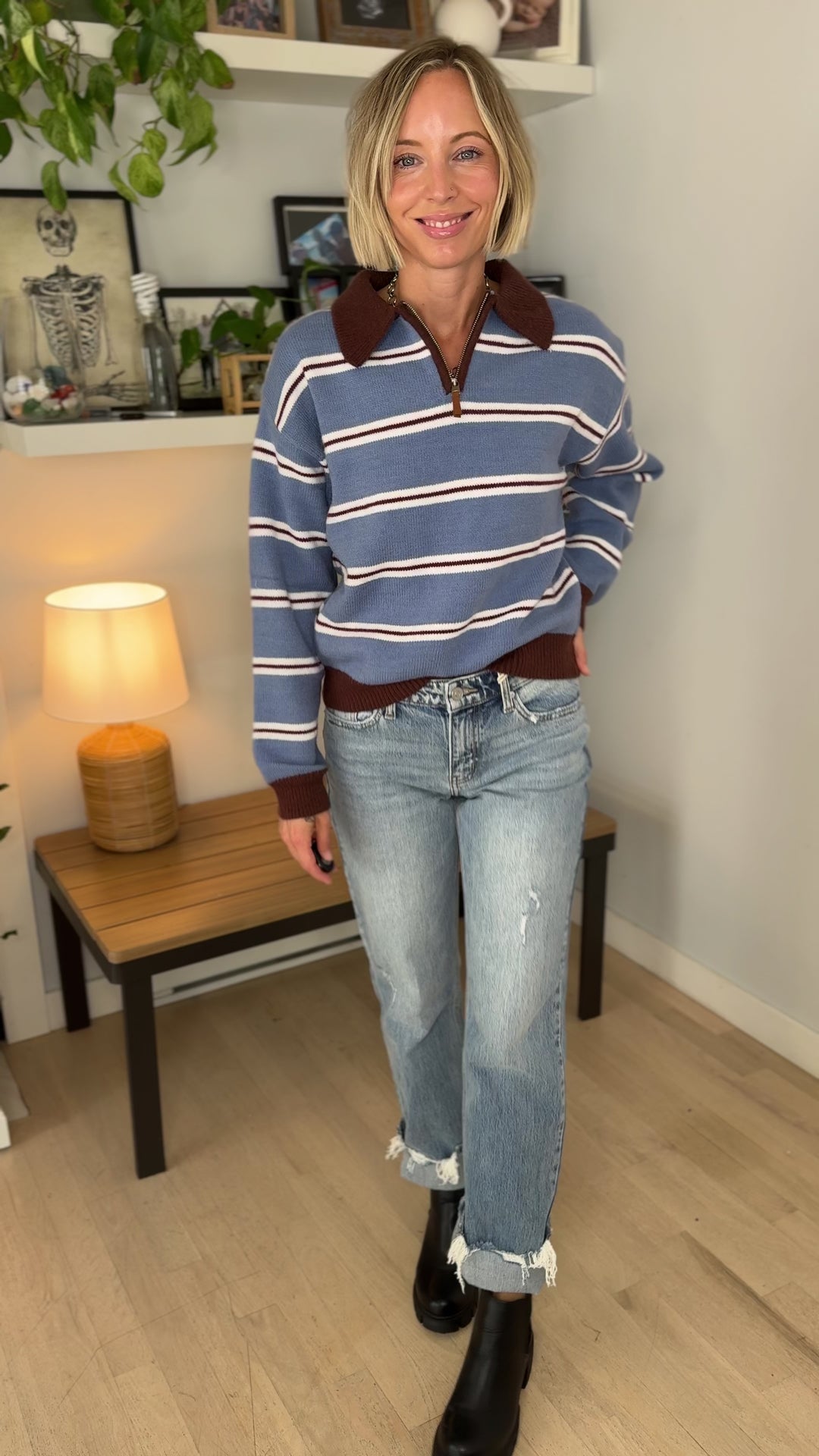 Hawthorn Polo 1/4 Zip Sweater- BROWN/BLUE