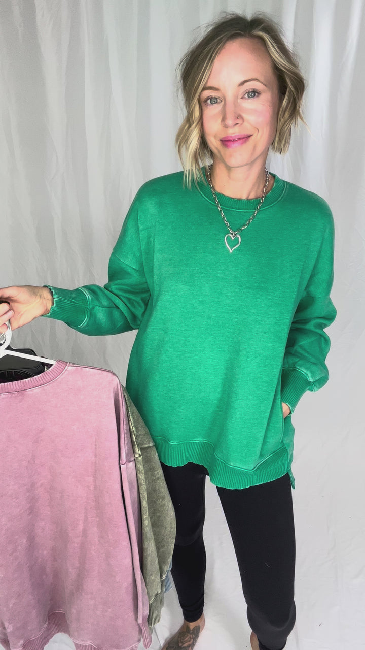 Caslo Acid Wash Fleece Pullover- KELLY GREEN