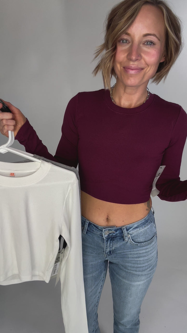 MONO B Linley Ribbed Crop Long Sleeve- WHITE-FINAL SALE