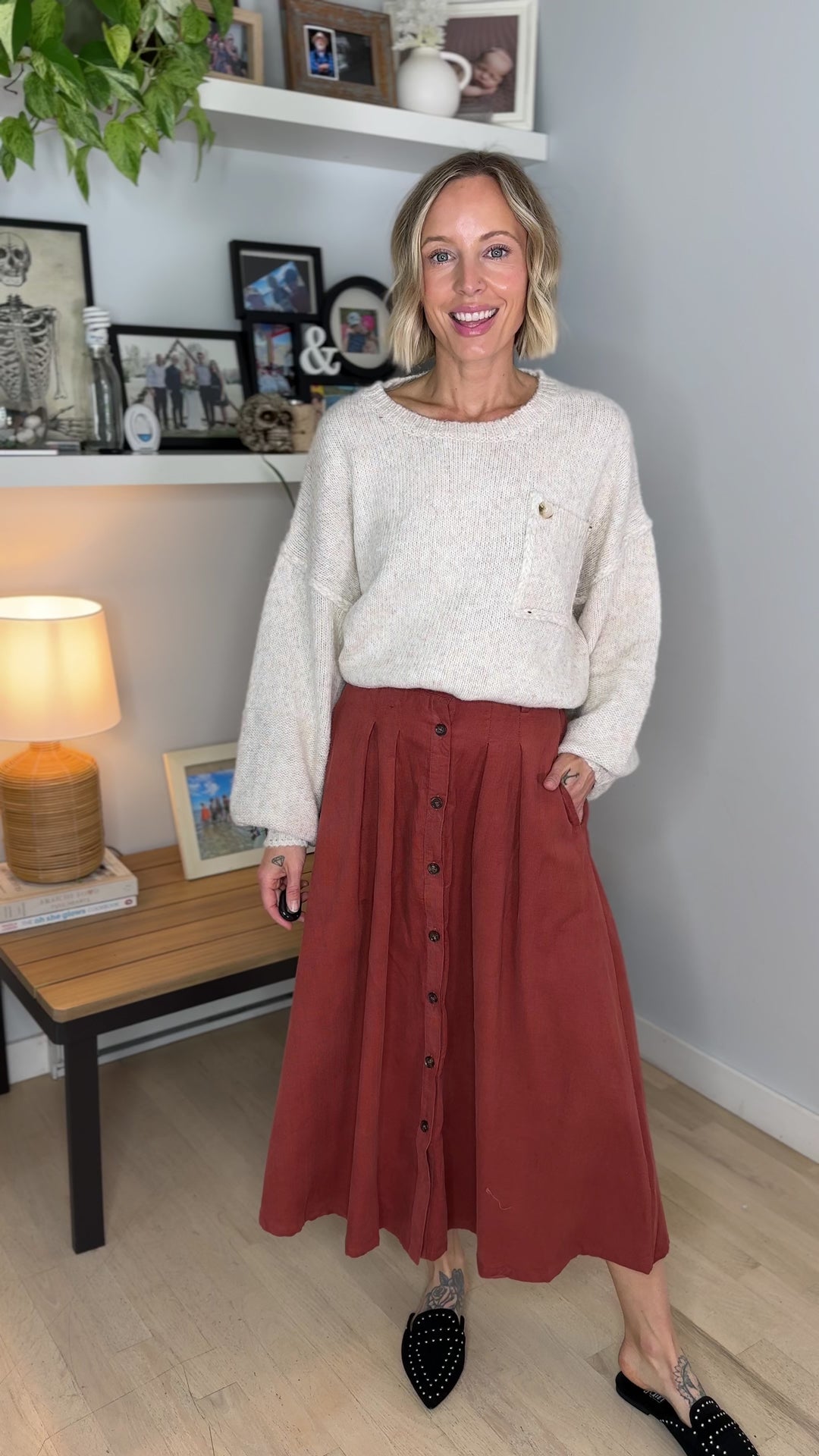 Janice Pleated Button Front Midi Skirt- MARSALA