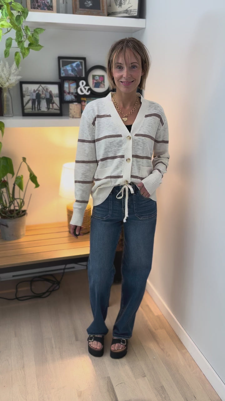 Hanelle Slub Knit Striped Cardigan- BROWN