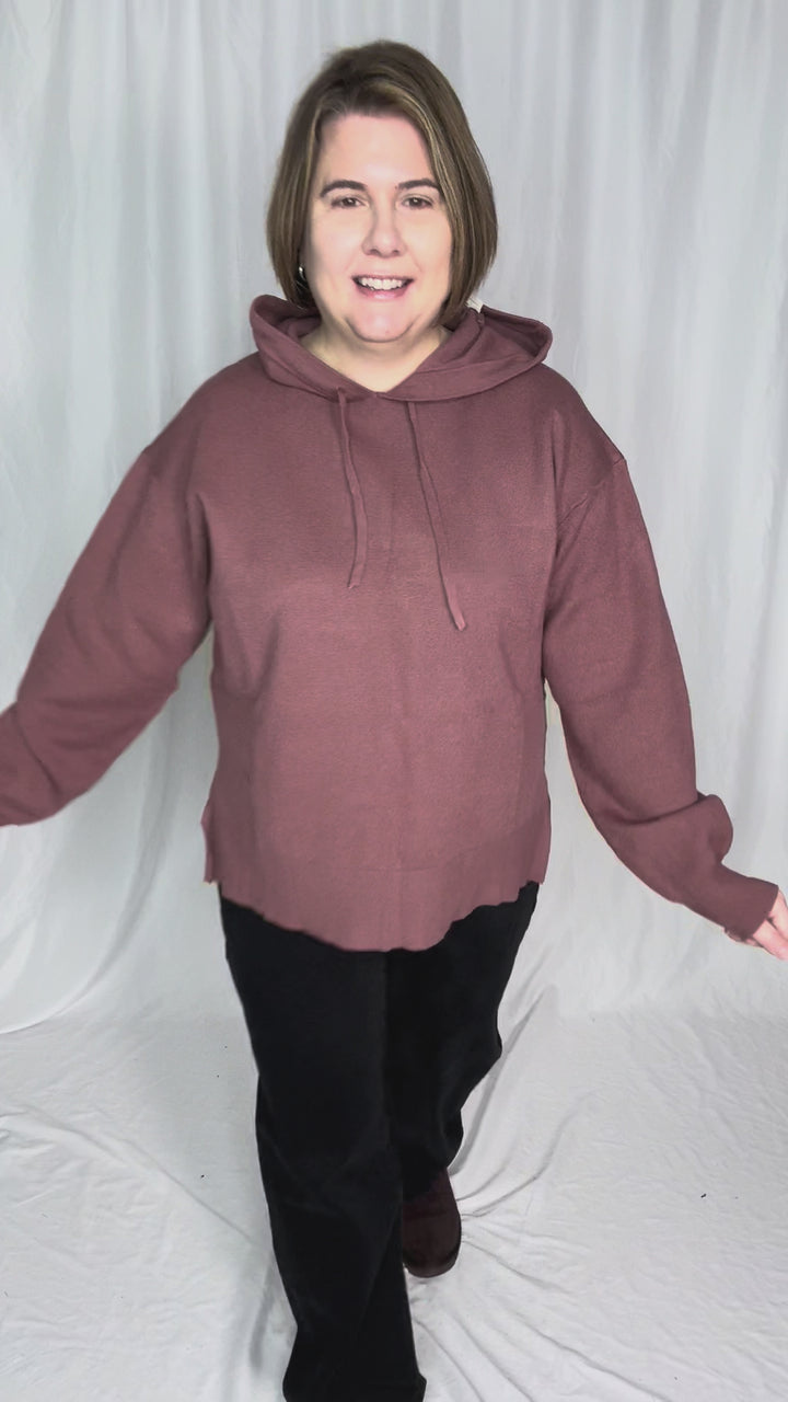 Dahlia Hooded Sweater With Side Slits- RED BEAN