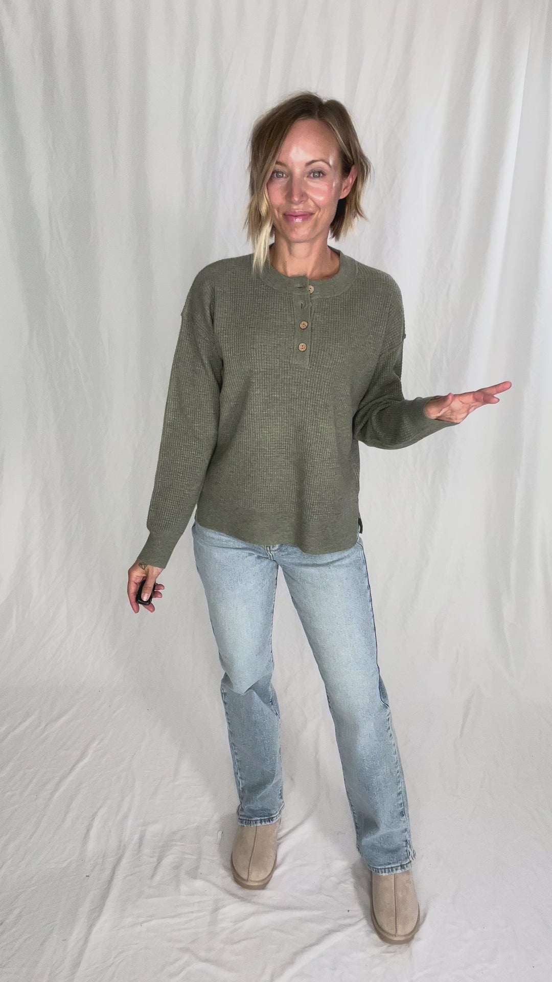 Kayla Waffle Knit Henley Sweater- CREAMY OLIVE