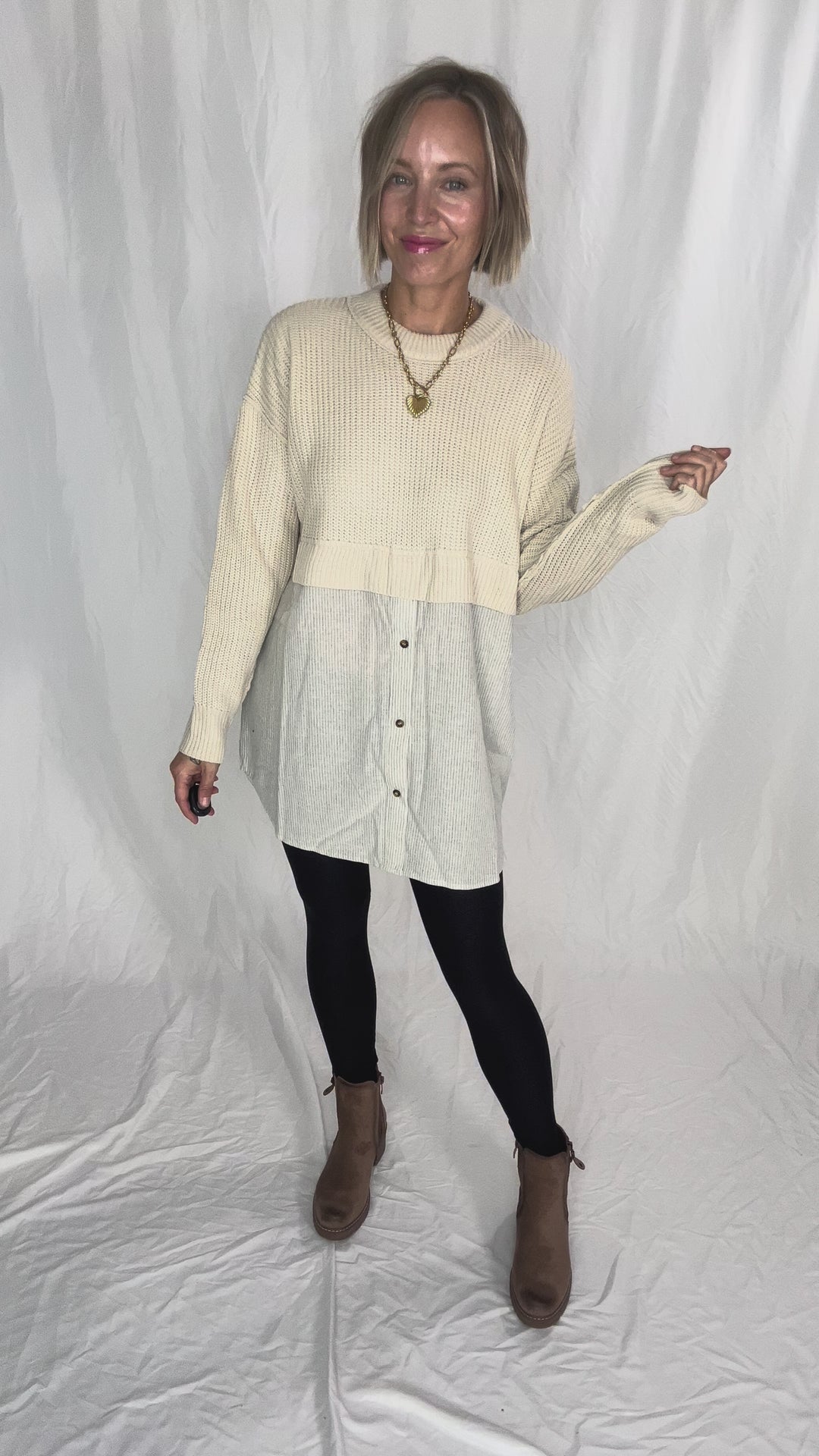Diane Contrast Long Sleeve Tunic- STONE