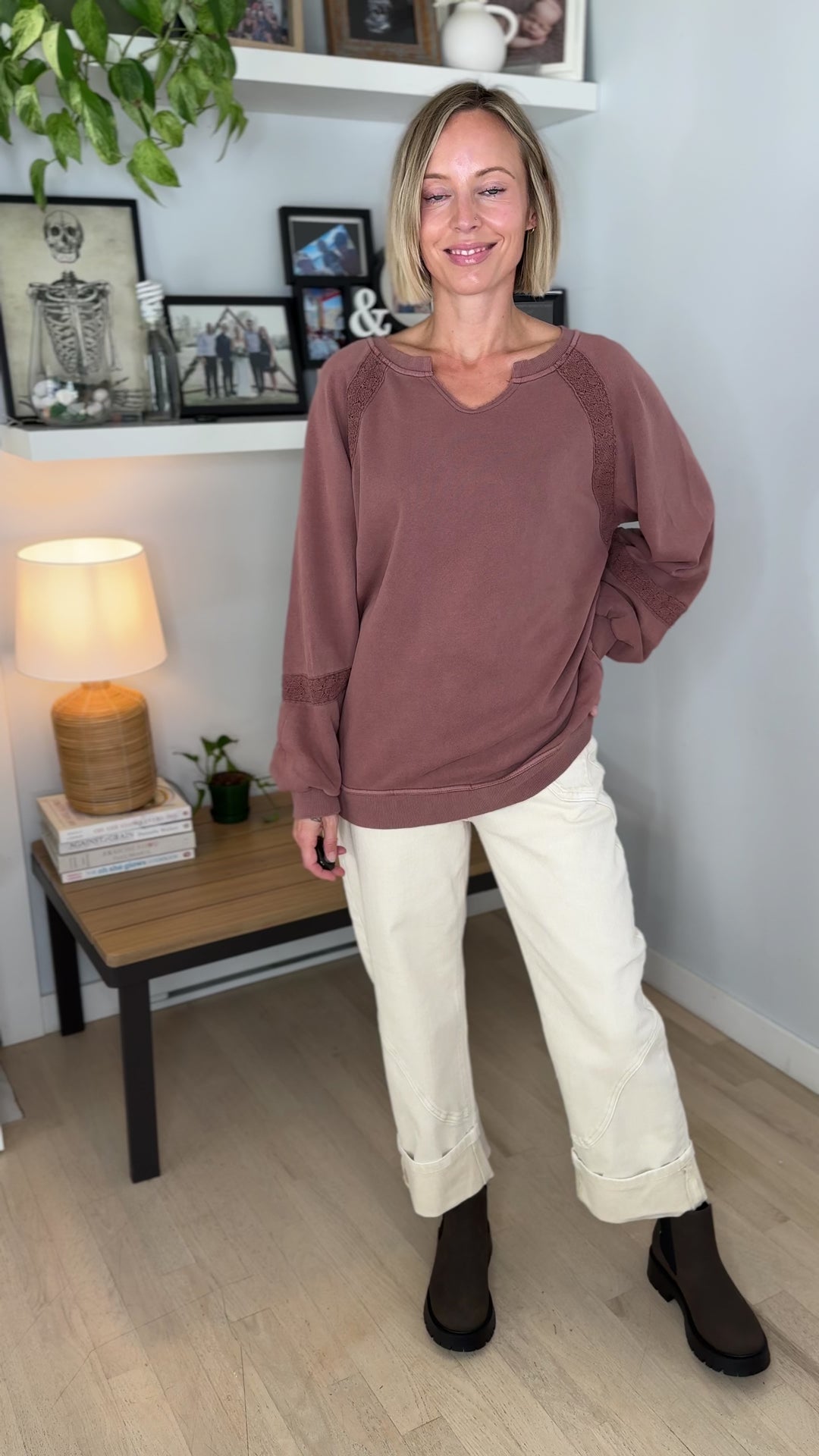 Irini Lace Accent Vintage Washed Pullover- BROWN
