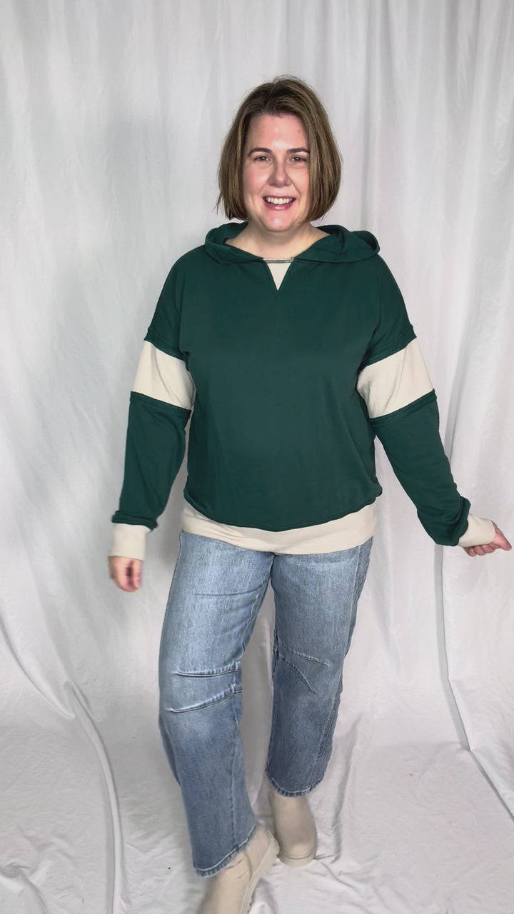 Cora French Terry Pullover Hoodie With Contrast Ribbing- HUNTER GREEN