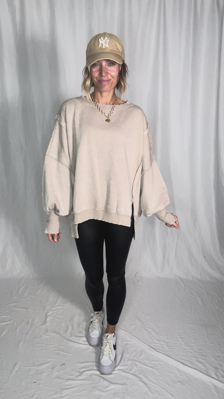 Mellow Acid Wash Fleece Sweatshirt- ASH MOCHA