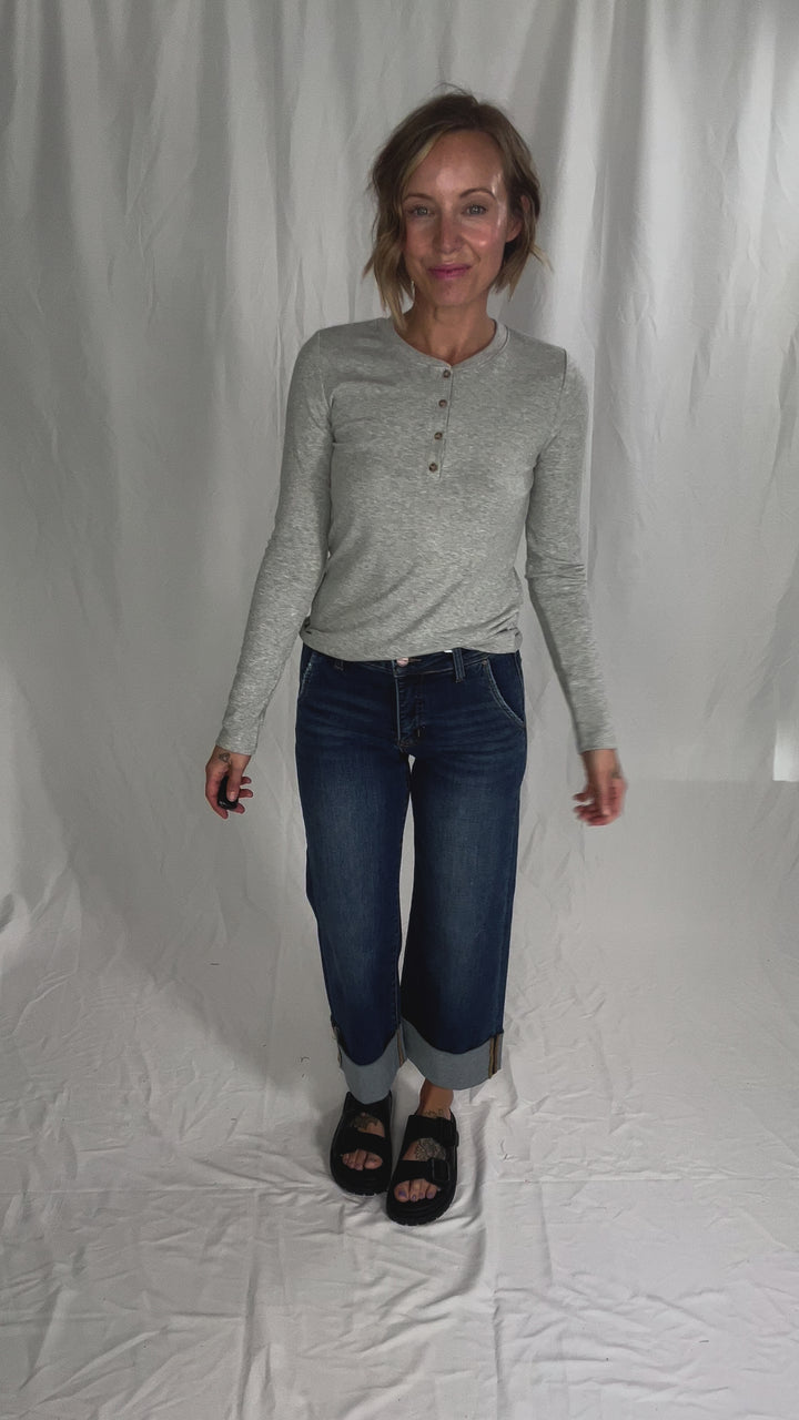 Macie Ultra Soft Long Sleeve Henley Top- HEATHER GREY