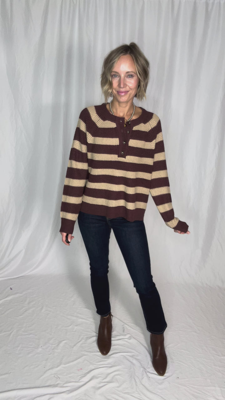 Golden Hour Waffle Henley Sweater- WINE-FINAL SALE