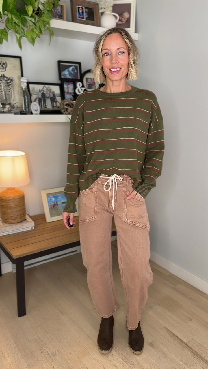 Illa Boxy Cut Striped Drop Shoulder Sweater- OLIVE
