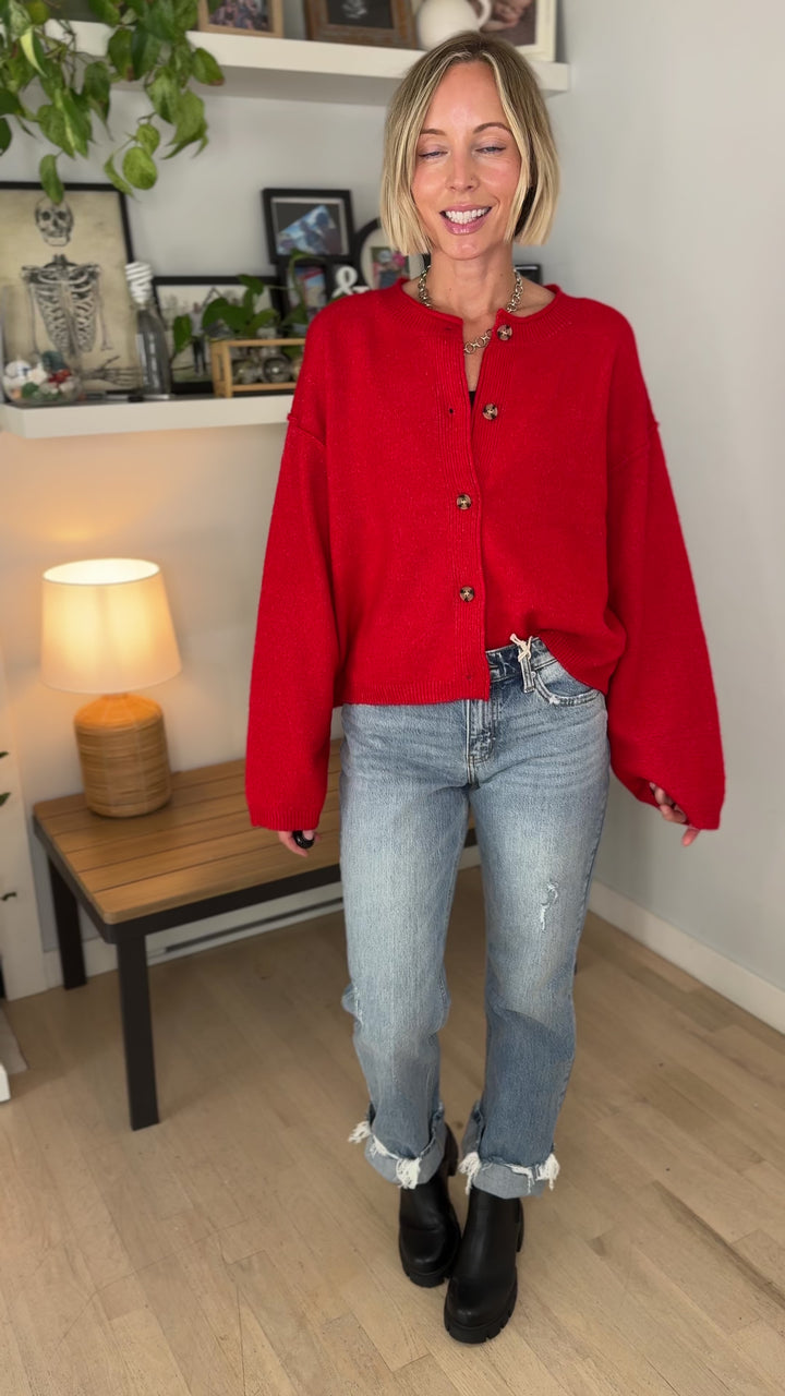 Laurel Button Down Sweater- RED