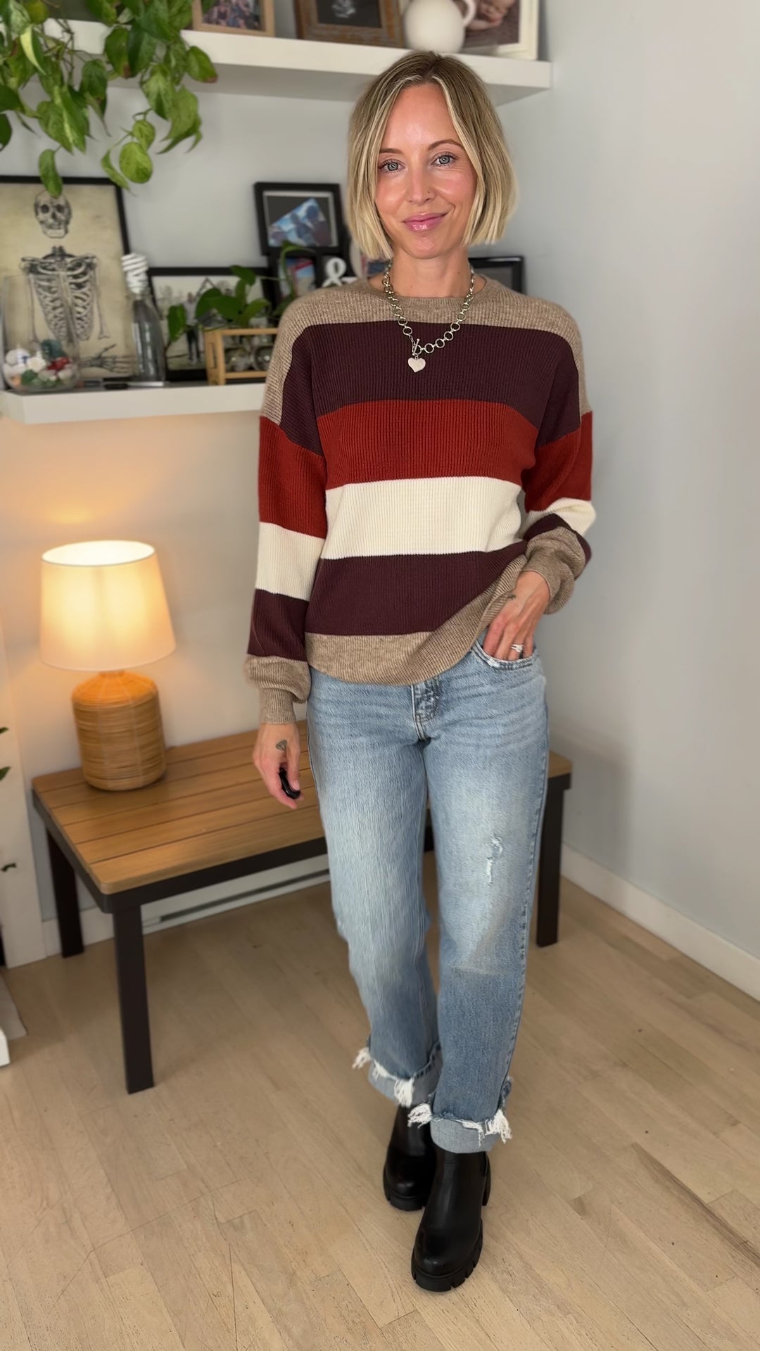 Only Atia Long Sleeve Stripe Sweater- BEIGE STRIPES