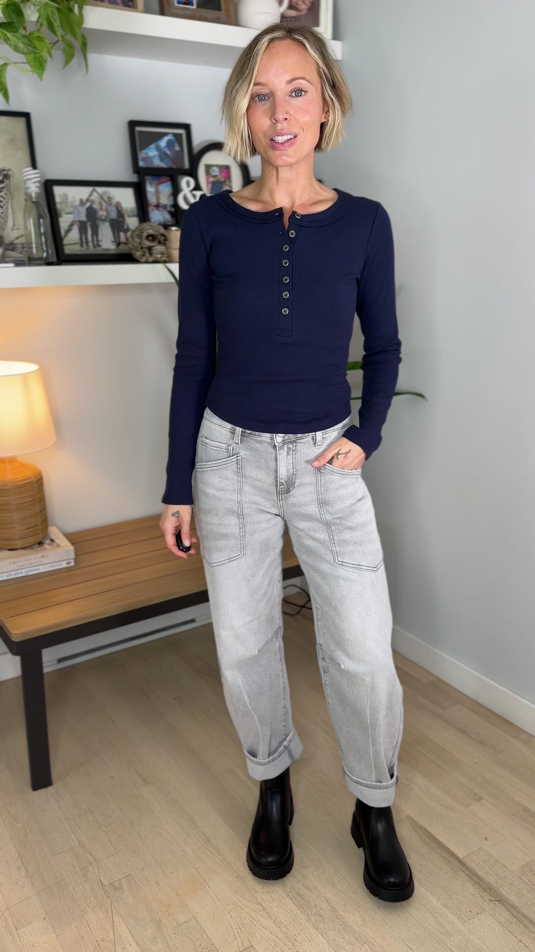 Maison Long Sleeve Ribbed Henley- NAVY