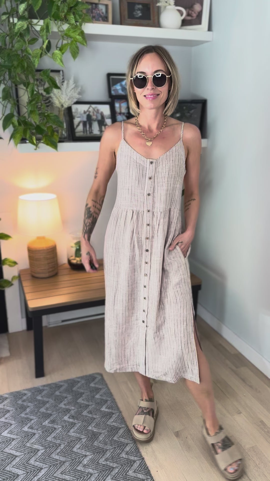 Arlowe Linen Blend Tank Dress- BROWN STRIPE