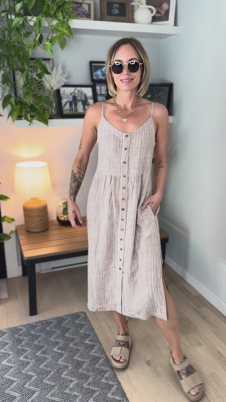 Arlowe Linen Blend Tank Dress- BROWN STRIPE