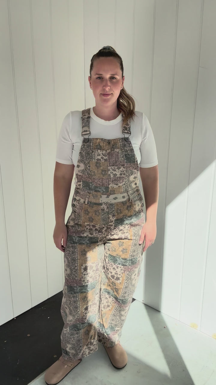 Fleur Vintage Floral Barrel Overalls- TAUPE MULTI