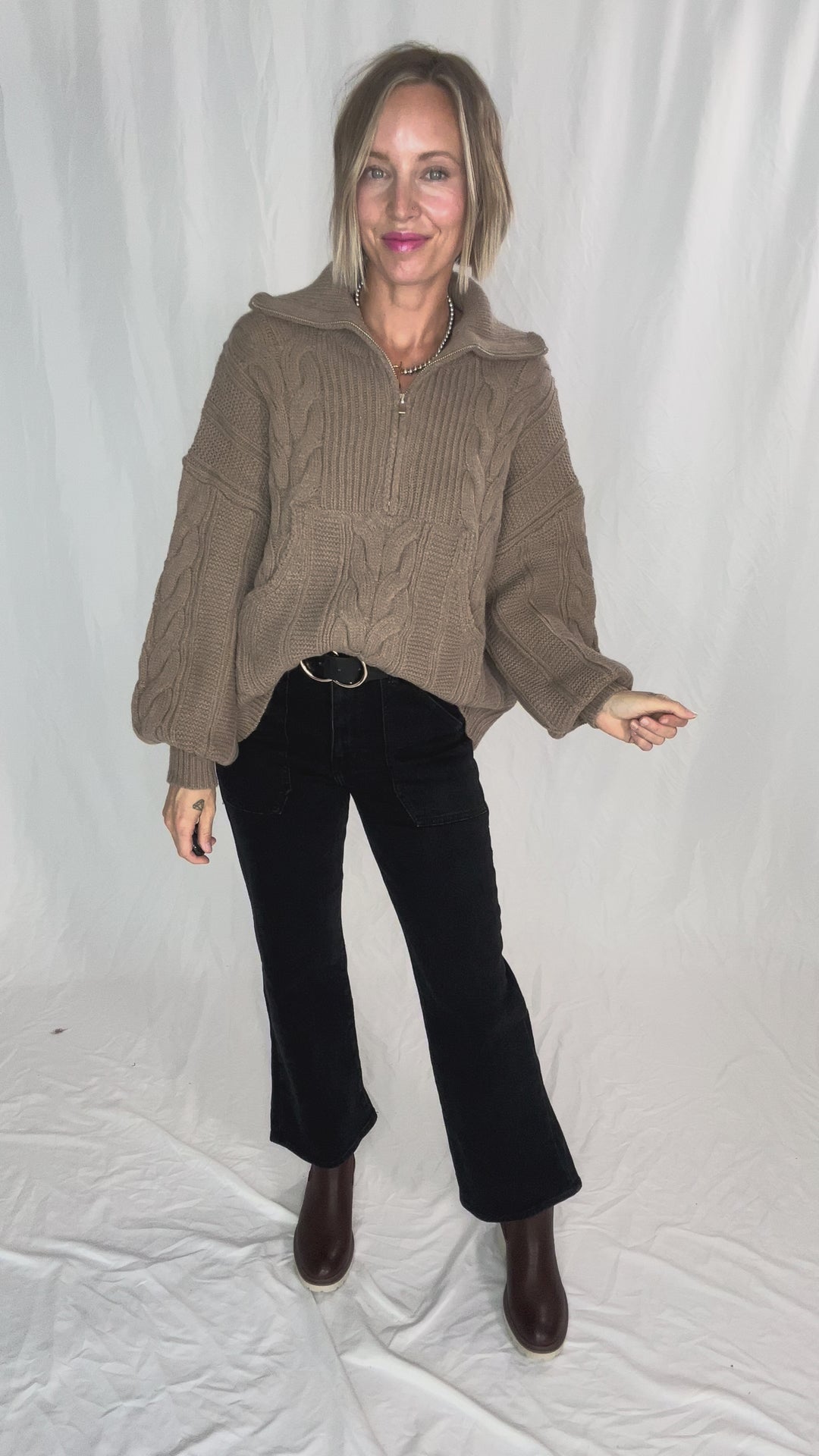 Kiki Cable Kint 1/2 Zip Sweater- FAWN