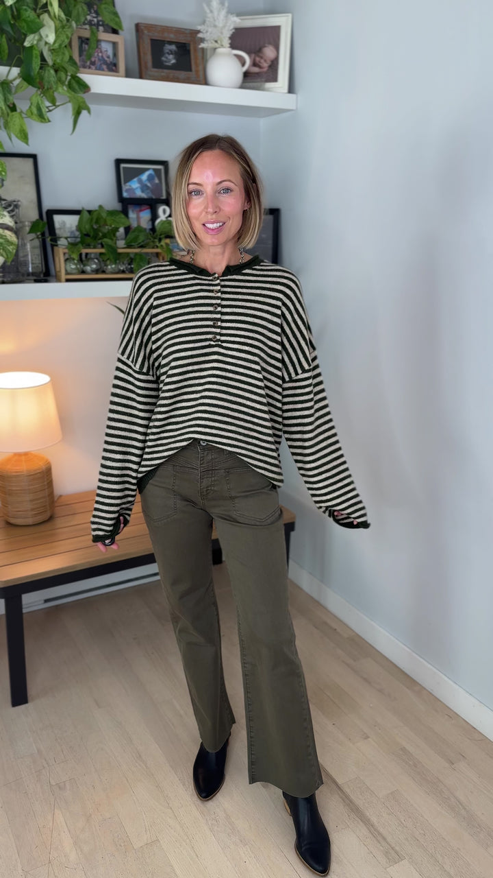 Briar Henley Stripe Sweater- OLIVE