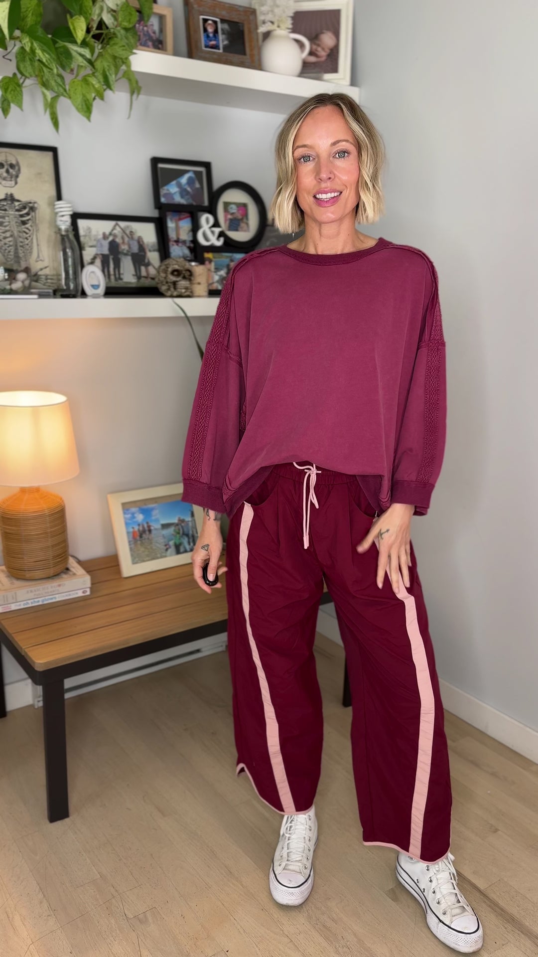 Presscott Lace Trim Washed Cotton 3/4 Sleeve Pullover- CHERRY