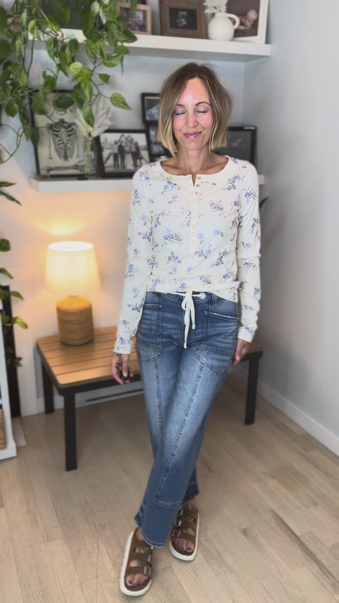 Tropez Floral Henley- CORNFLOWER