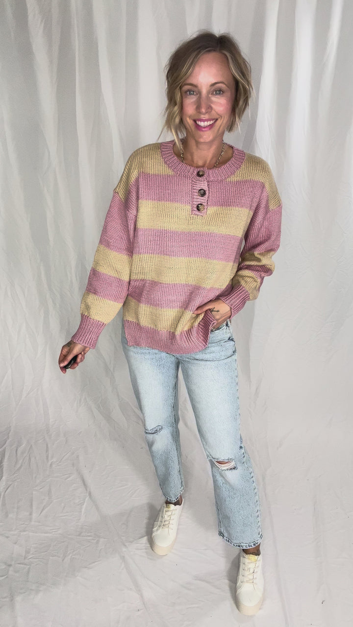 Tracly Striped Button Up Knit Sweater- MAUVE/TAUPE