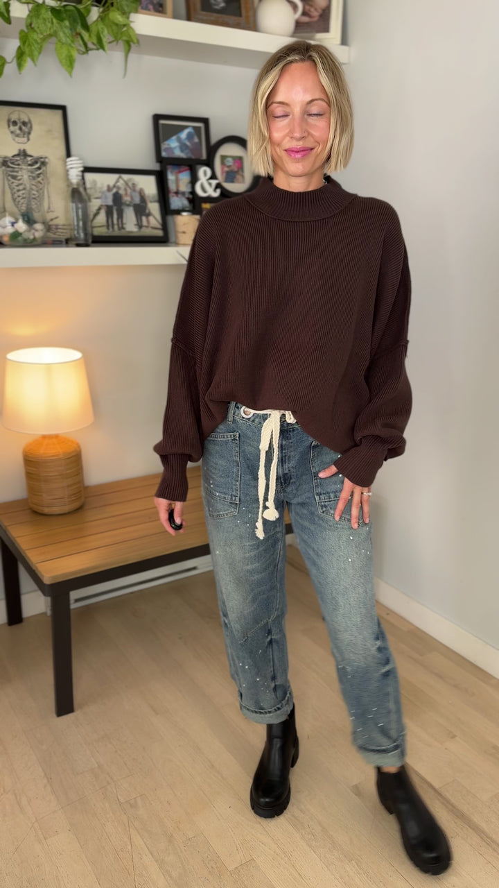 Frosted Pines Oversized Side Slit Sweater- DARK BROWN