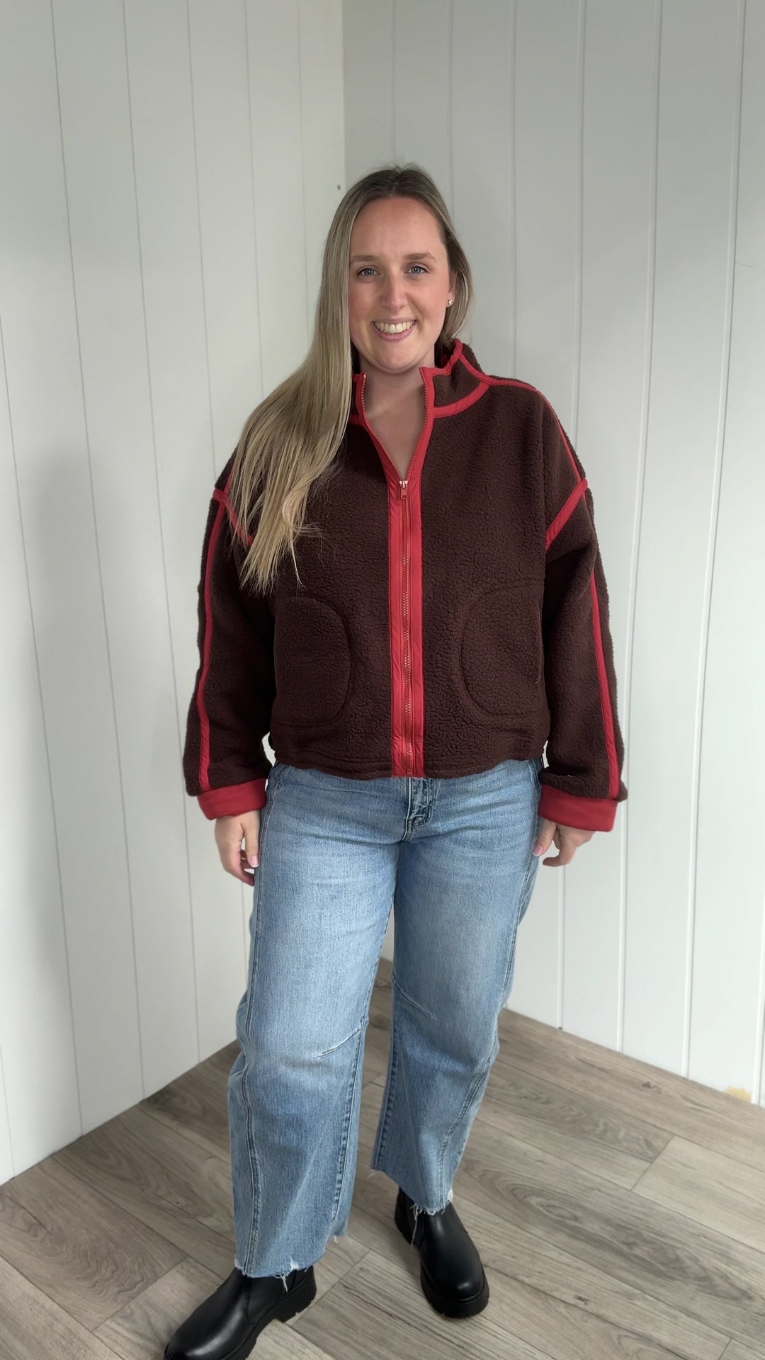 Christina Full Zip Sherpa Fleece Jacket- BROWN