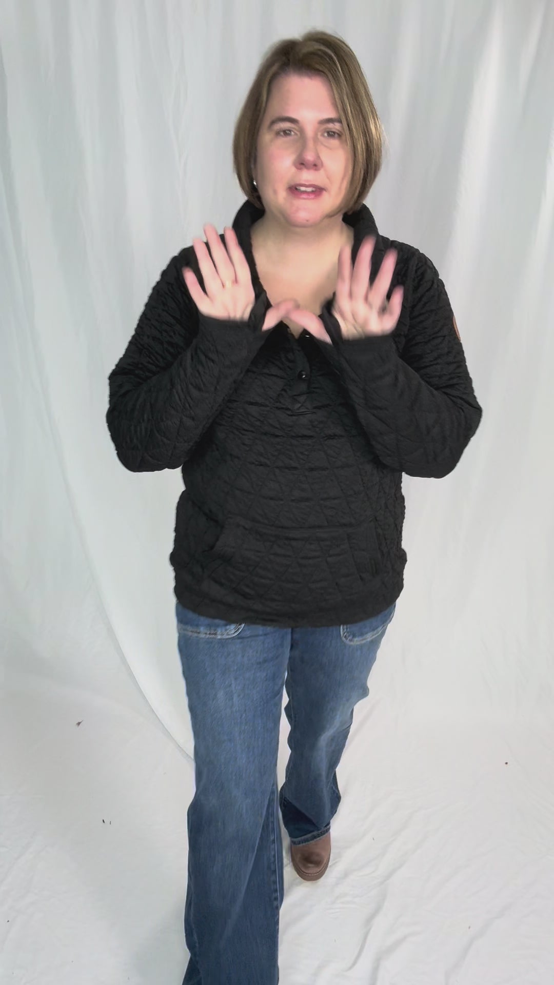 MICHELLE MAE Georgia Quilted Snap Button Pullover- BLACK