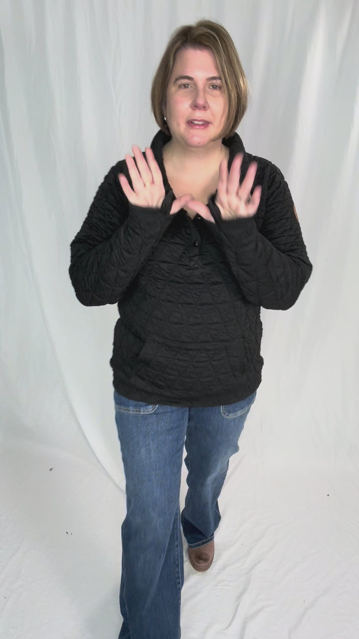 MICHELLE MAE Georgia Quilted Snap Button Pullover- BLACK