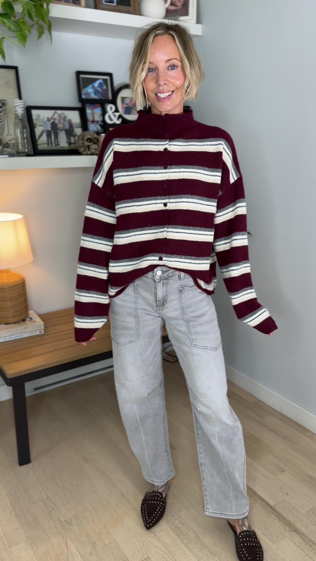 Cove Mockneck Stripe Button Down Sweater- OXBLOOD MULTI