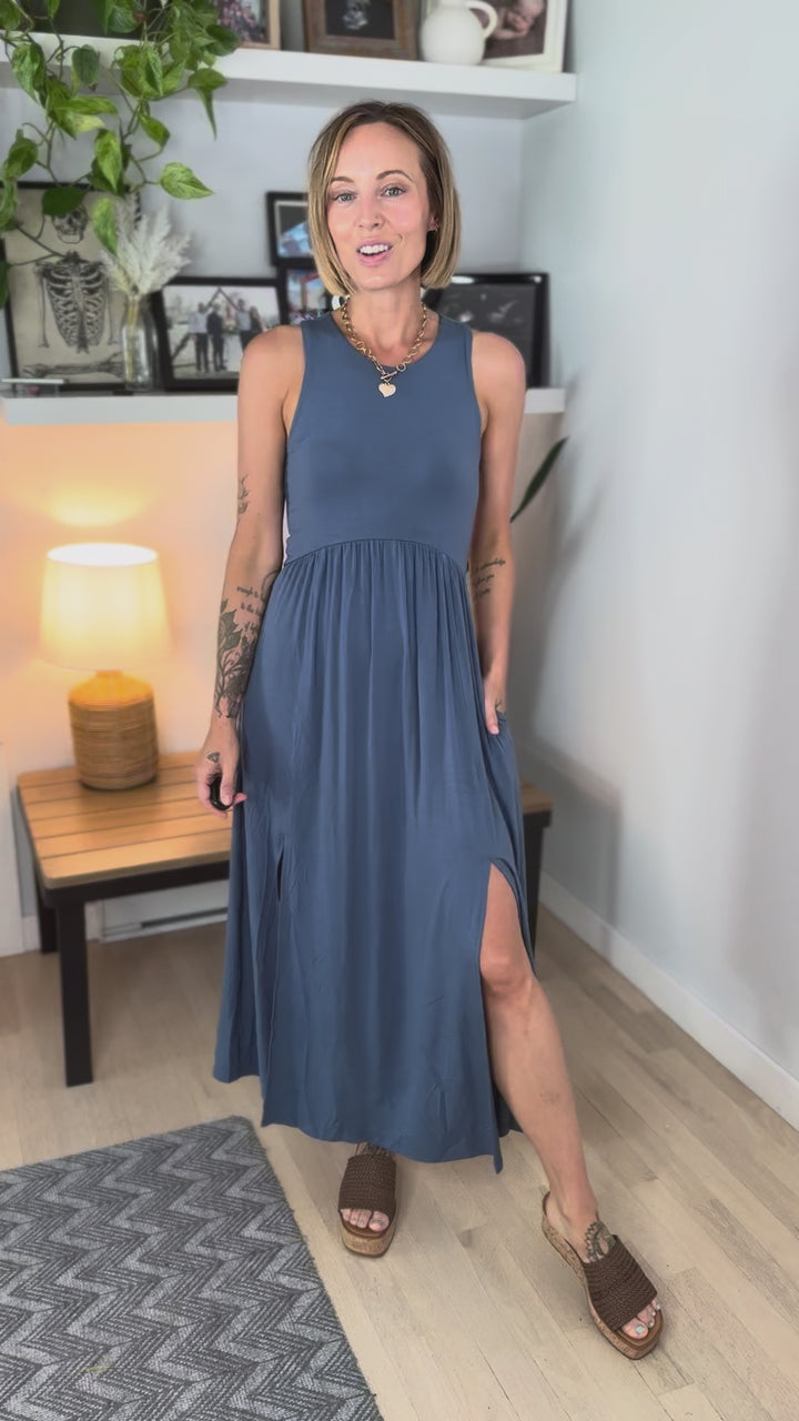 Beverly Side Slit Midi Dress- SLATE