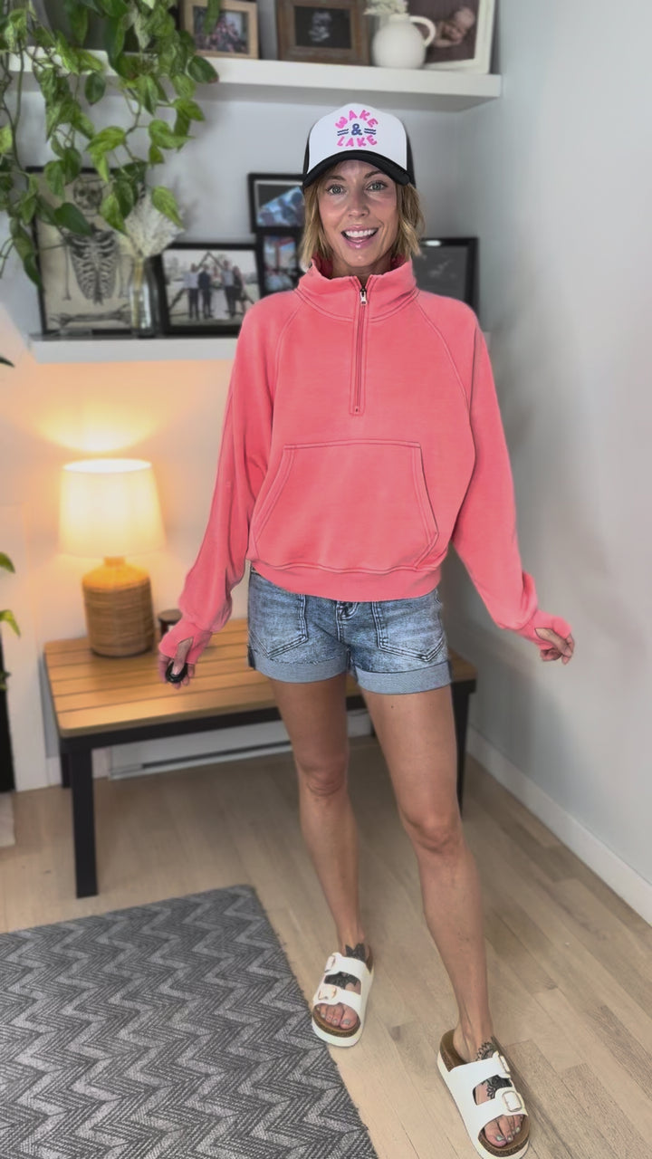 Ailany Washed Quarter Zip Sweatshirt- CORAL