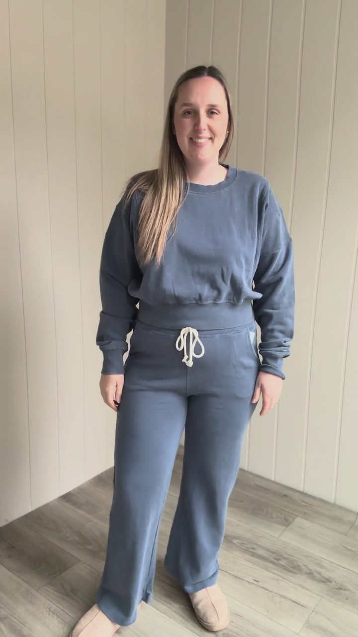 MONO B Sophia Salt Wash Cotton Cropped Sweatshirt- OCEAN