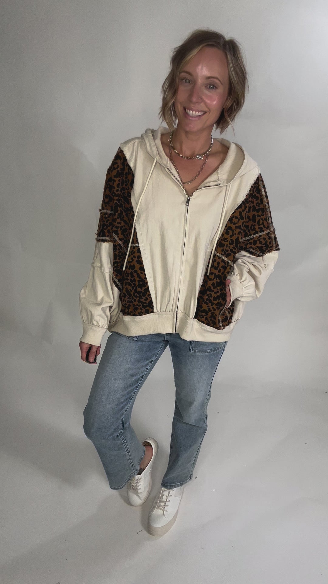 Vasia Washed Leopard and Oatmeal Denim HOODIE- OATMEAL/LEOPARD-FINAL SALE