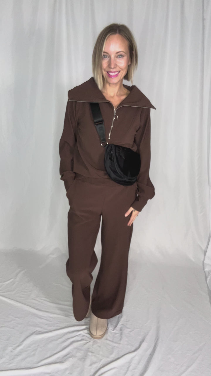 Cider Run Ribbed 1/2 Zip High Neck Set- BROWN-FINAL SALE