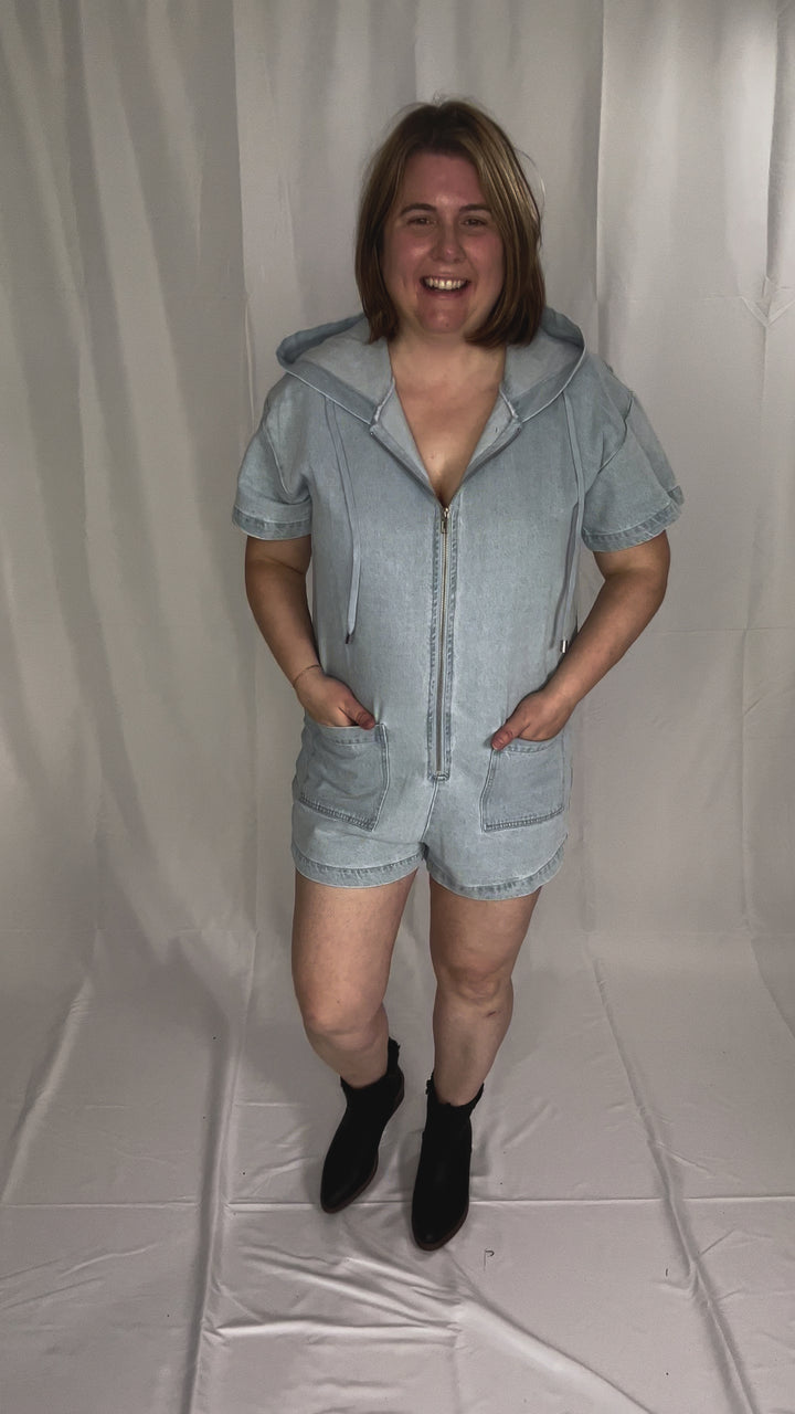 Shaya Denim Zip Up Romper With Hoodie- DENIM-FINAL SALE