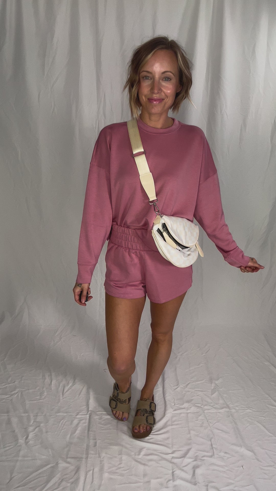 Khendra Scuba Long Sleeve Sweatshirts & Short Set- LIGHT ROSE-FINAL SALE