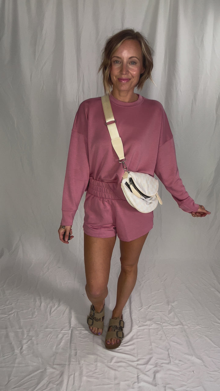 Khendra Scuba Long Sleeve Sweatshirts & Short Set- LIGHT ROSE-FINAL SALE