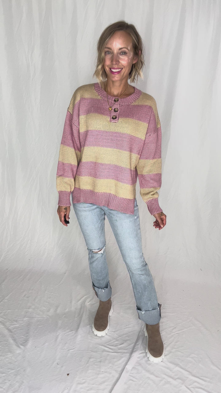 Tracly Striped Button Up Knit Sweater- MAUVE/TAUPE-FINAL SALE