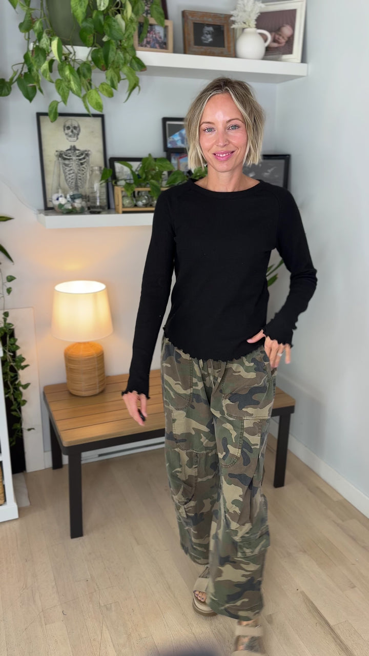 Harrison Thermal Knit Lettuce Edge Long Sleeve- BLACK